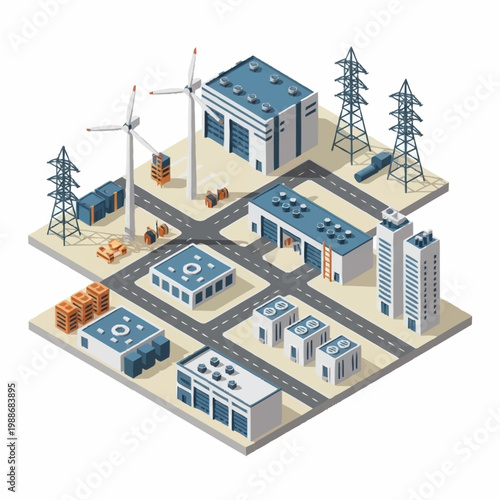 Industrial complex with wind turbines and power lines.