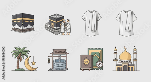 Islamic cultural symbols and pilgrimage icons including the Kaaba, mosque, and prayer rug, Ramadan lantern, well, and Ihram clothing