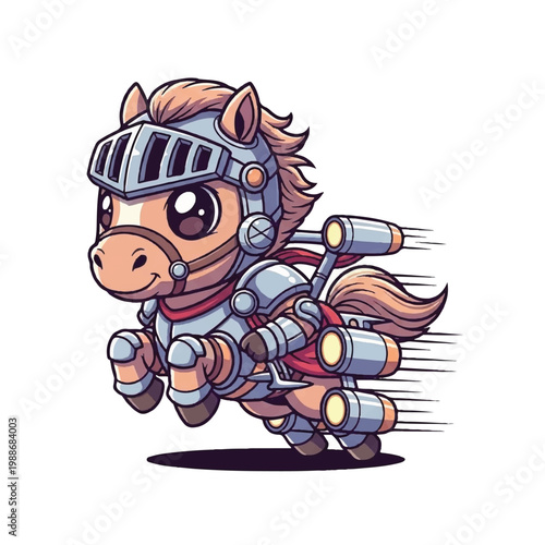 Cute cartoon horse wearing knight armor and jetpack.