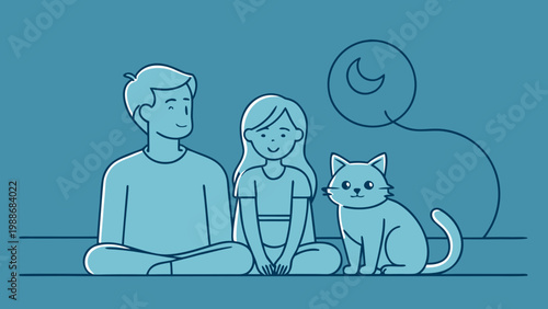 A man and a child sitting with a cat on their laps enjoying a quiet moment together