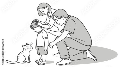 Family embracing their small dog while sitting on the floor together