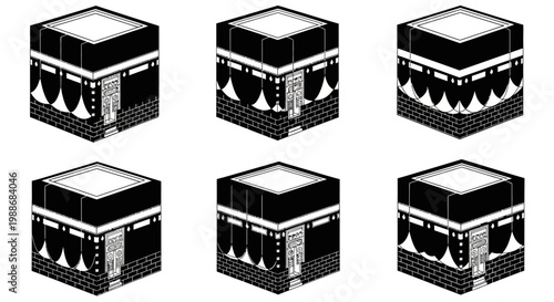 Six illustrations of the Kaaba, the Islamic cube-shaped building in Mecca, Saudi Arabia, from different angles