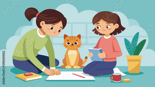 Two children reading a book together with a cat on their laps