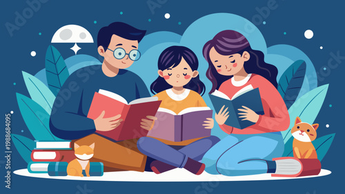 Group of people enjoying a cozy evening with books and snacks together