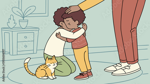 A child helping an adult pick up a fallen bag of groceries in a kitchen setting