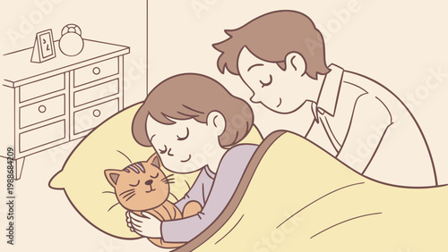 Family enjoying quality time together with their pet cat on a cozy bed
