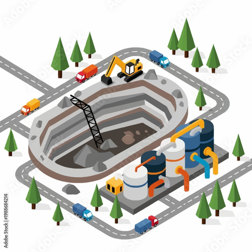 Open Pit Mine Excavation and Processing Plant Isometric View.