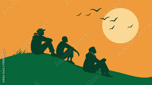 Silhouettes of people watching the moonrise over a hillside at dusk