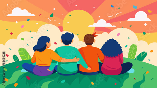 Four diverse individuals sitting together on a grassy hillside under a colorful sunset sky