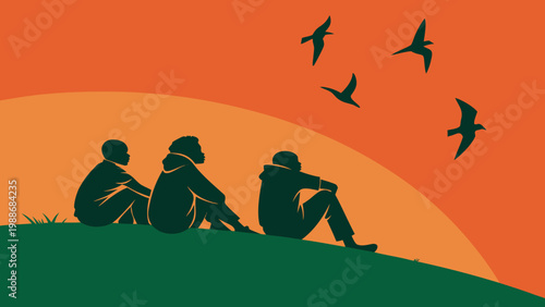 Three friends sitting together watching birds fly at sunset on a hillside