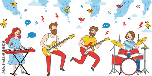 Cartoon Music Band Illustration Featuring Musicians Playing Electric Guitar, Drums, and Keyboard with Playful Bird and Cloud Elements for Creative Designs