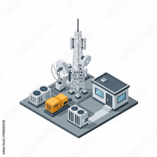 Telecommunications tower and equipment isometric illustration.