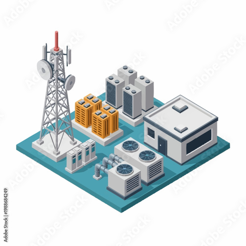 Telecommunications tower and industrial infrastructure isometric illustration.