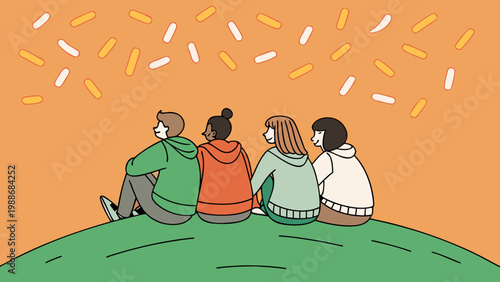 Group of friends sitting together on a grassy hillside under a sky with falling stars