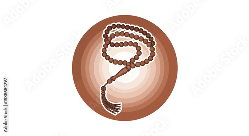 Stylized graphic of spiritual prayer beads with a tassel, set against a warm, concentric circular background, symbolizing peace and contemplation