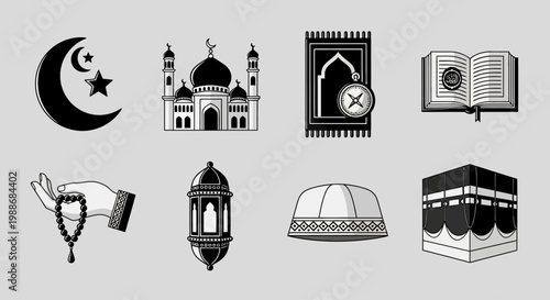 Collection of Islamic symbols and religious items for Muslim celebration and worship