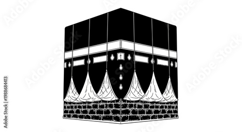 Monochrome graphic illustration of a sacred cubic structure, symbolizing a revered center for spiritual pilgrimage and global worship, embodying profound faith and timeless tradition