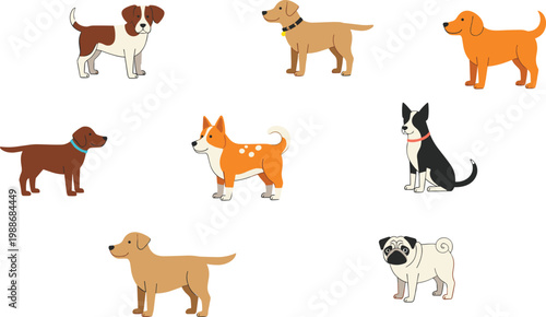 Cute Cartoon Dog Breed Collection Set with Beagle, Labrador, Corgi, Border Collie, Pug, and Golden Retriever Vector Illustration
