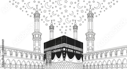A detailed black and white illustration of the Kaaba in Mecca, surrounded by architectural structures and a starry sky, suitable for religious and cultural themes