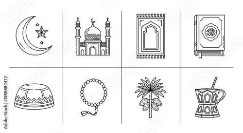 Set of Islamic cultural icons featuring a crescent moon, mosque, prayer mat, Quran, kufi cap, rosary, palm tree, and tea glass