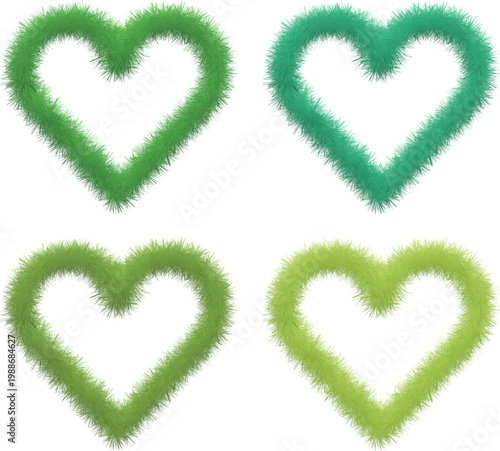 Green fuzzy heart frame collection with soft gradient texture. Abstract fur heart shapes isolated on white background. Organic love symbols for decorative design use.