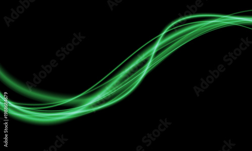 Abstract green speed light lines neon curve glowing movement on black background vector