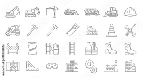 Construction tools and equipment icons.