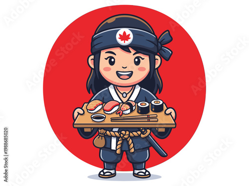 Sushi chef character in traditional outfit presenting sushi platter