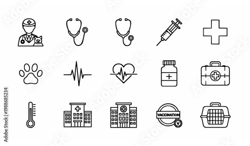 Veterinary healthcare line icon set with doctor pet medical and clinic symbols vector