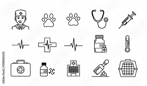 Modern veterinary healthcare thin line icon set with doctor pet and medical symbols vector