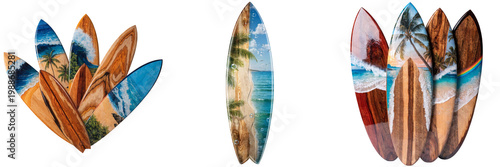 Set of style surfboard each with a wood grain and a tropical beach scene isolated on a transparent background (2)