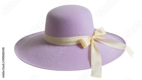 Lavender wide-brimmed felt hat with cream ribbon and bow, isolated on transparent background
