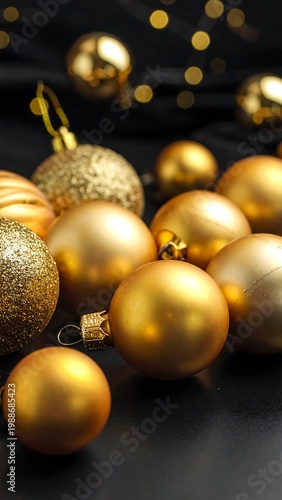 Golden Christmas Ornaments on Black Background.