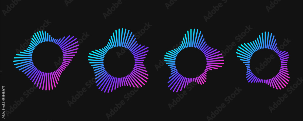 Naklejka premium Circular soundwave icons with neon gradient radial bursts in cyan, blue and pink on dark. Abstract sound frequency patterns of dynamic equalizer lines and round audio wave effects for music design.