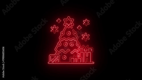 Red Neon Christmas Tree and Gifts Icon Animation on Black Background