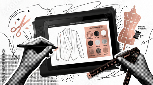 Trendy Halftone Collage of Digital Fashion Design with hands using a tablet to sketch a jacket, color swatches, mannequin, scissors, and measuring tape for creative apparel tech and garments.