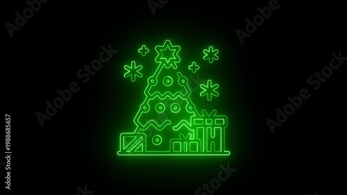 Green Neon Christmas Tree with Gifts and Snowflakes Animation on Black Background