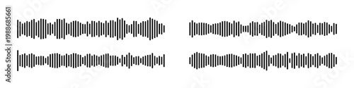 Podcast audio soundwave set - music frequency waveform icons with radio microphone elements. Digital voice signal patterns, equalizer lines and recording note symbols. Vector sound wave graphics