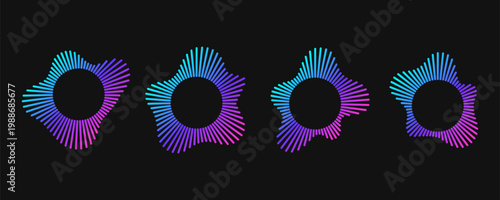 Circular soundwave icons with neon gradient radial bursts in cyan, blue and pink on dark. Abstract sound frequency patterns of dynamic equalizer lines and round audio wave effects for music design.