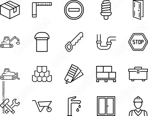 Construction and renovation icons set, excavator, bulldozer, toolbox, hammer, wrench, saw, pipes, door, window, faucet