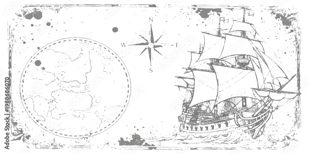 Fototapeta premium Vintage nautical map background with antique sailing ship and compass rose illustration