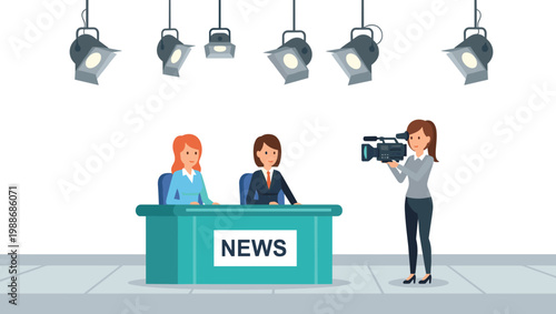 Flat Vector Illustration of TV News Studio with Female Anchors at Desk Camerawoman and Hanging Studio Spotlights