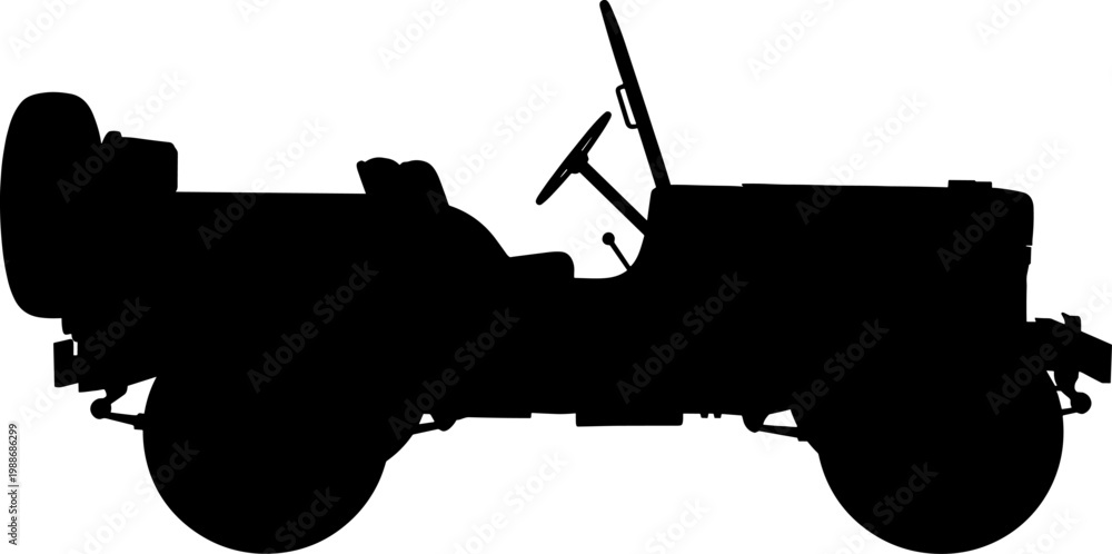 Fototapeta premium Classic open-top military utility vehicle silhouette with spare tire