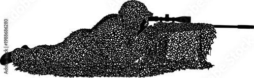 Camouflaged sniper silhouette lying prone in a ghillie suit