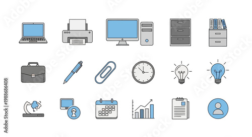 Business office supplies and technology icons.