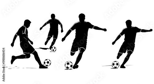 Soccer players silhouette set with black uniforms and balls featuring uniform, ball, football with sports and kicking elements for running, athletic