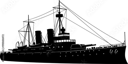 Historic naval battleship silhouette featuring large gun turrets