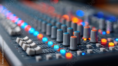 Close-up of a professional audio mixing console with illuminated faders and knobs