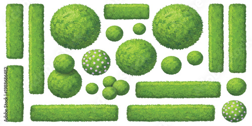Top down view green grass hedge and tree set vector illustration