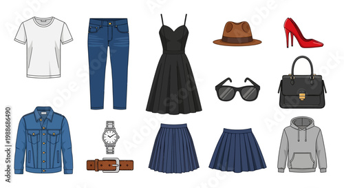 Fashion clothing and accessories on display.